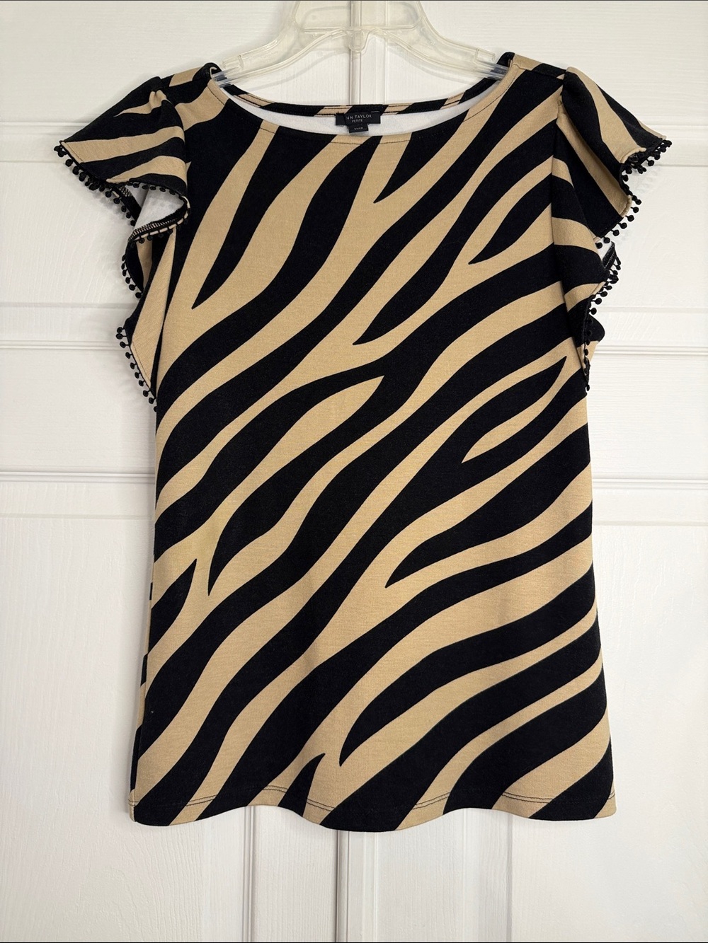 Ann Taylor  Black and Tan Zebra-Print Flutter Sleeve Knit Top